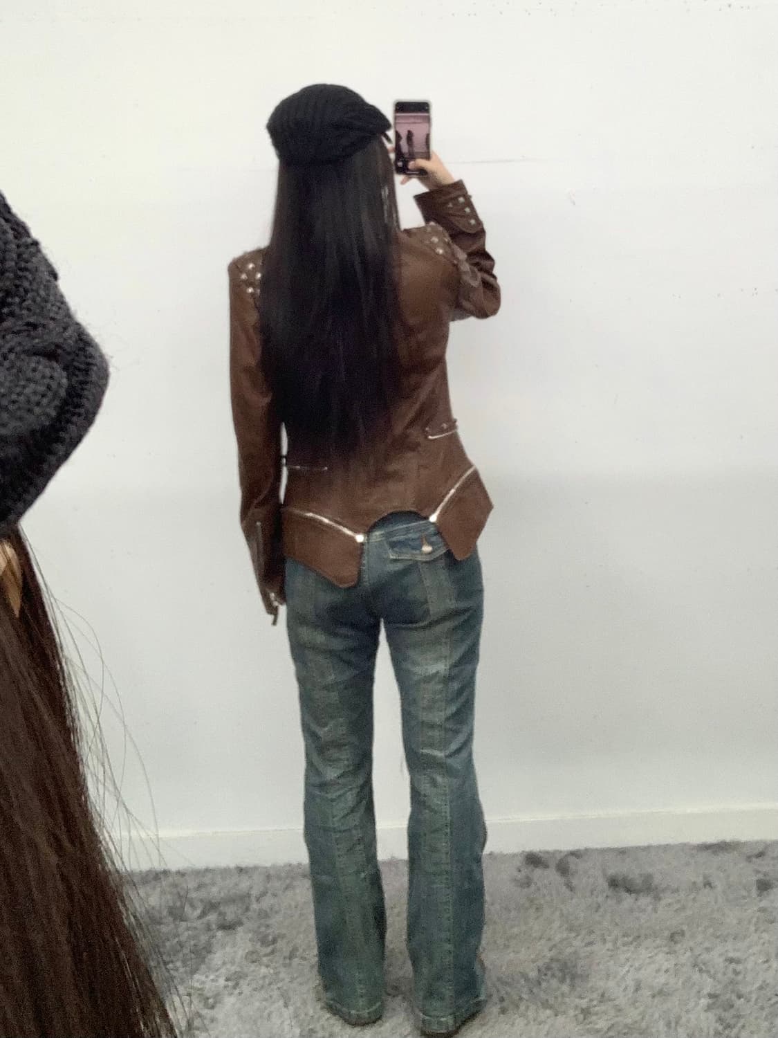 브라운 레쟈 절개 커팅 라이더 자켓 상품이미지3