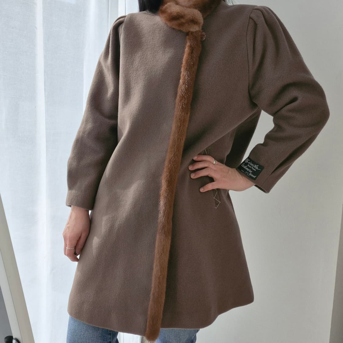 이태리 브라운 캐시미어 밍크퍼 트리밍 롱코트 상품이미지1