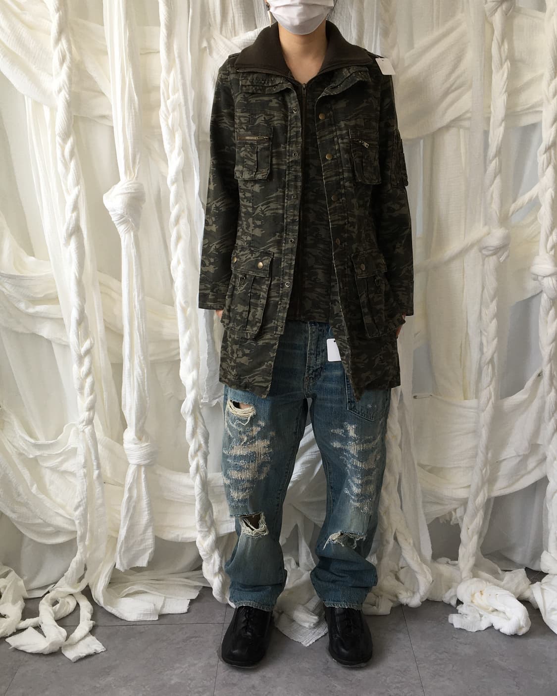 Camo pattern high neck belted jacket 상품이미지5