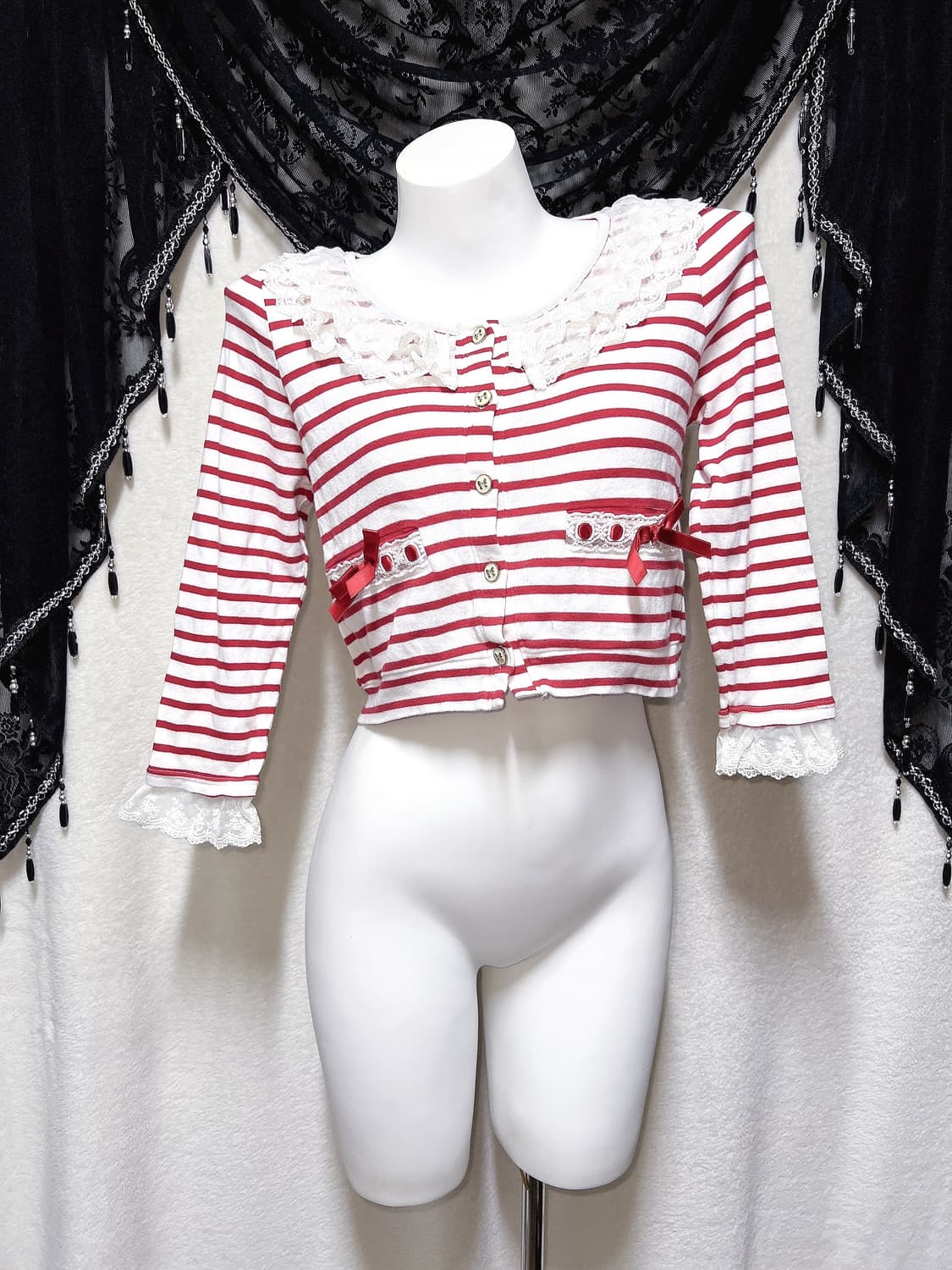 리즈리사 스트라이프 리본 프릴 레이스 가디건 러블리 히메갸루 라떼 핀터  상품이미지6