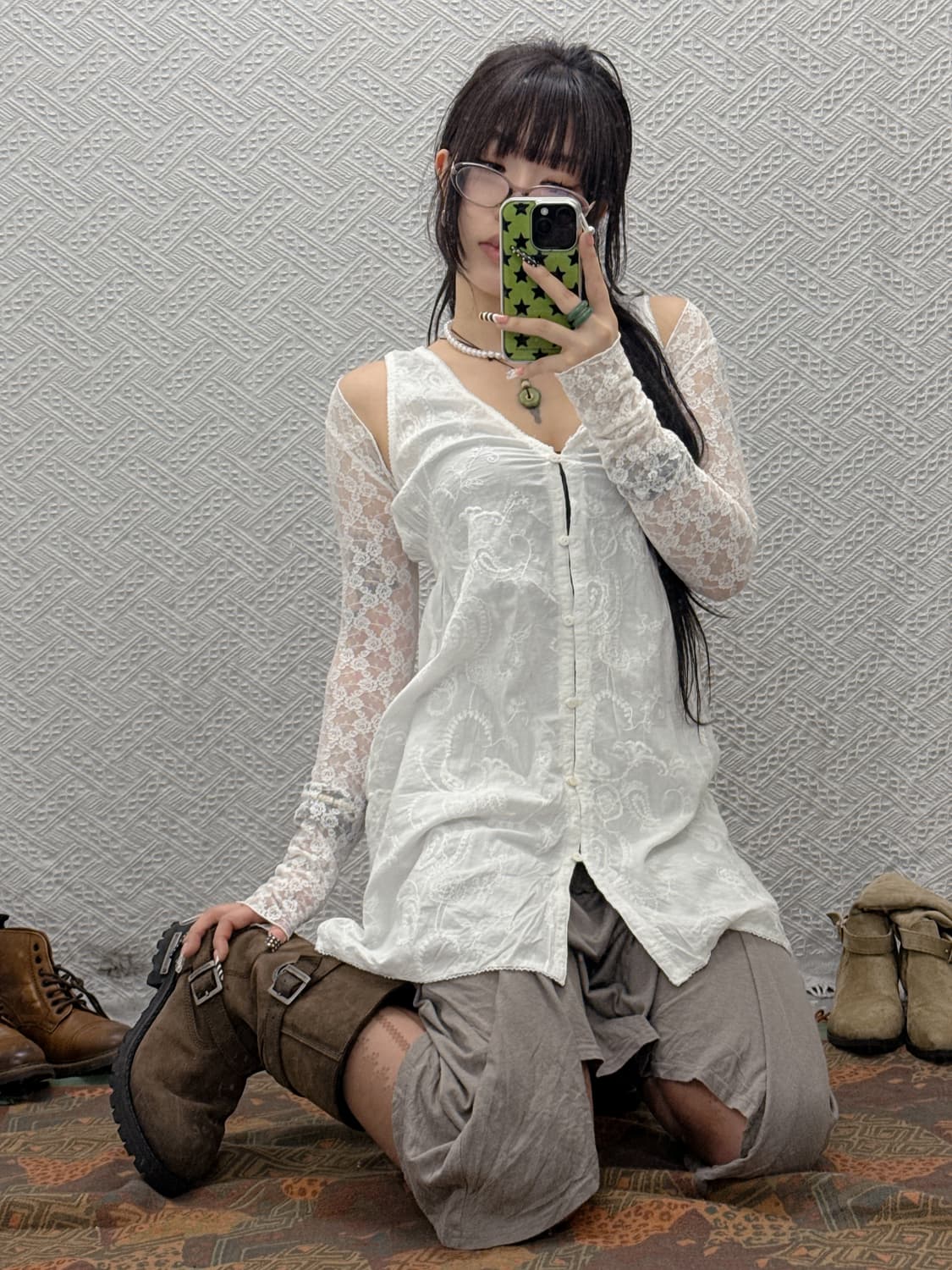 빈티지 프릴 레이스 란제리코어 슬리브리스 나시 원피스　K0008 상품이미지1