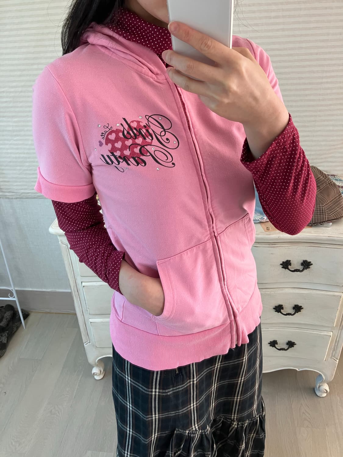 Set) 핑크 레드와인 도트 레이어드 후드 집업 상품이미지2