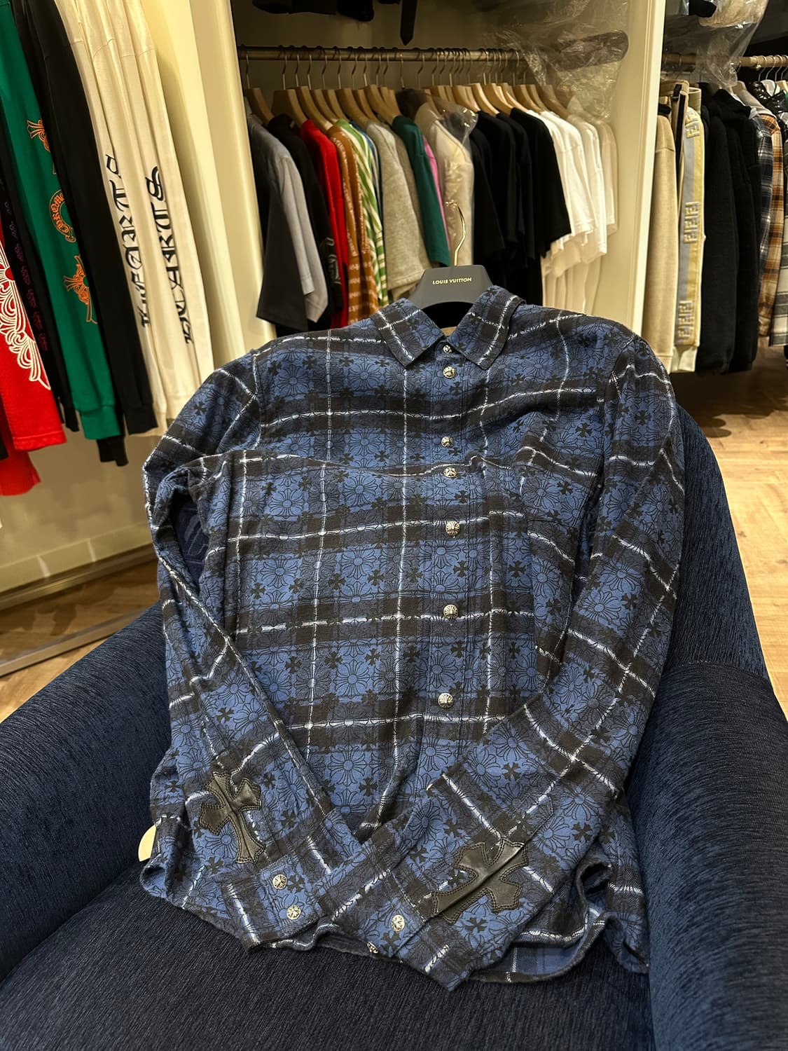 크롬하츠 루스앤리스 레더패치 체크셔츠 블루 XL 상품이미지1