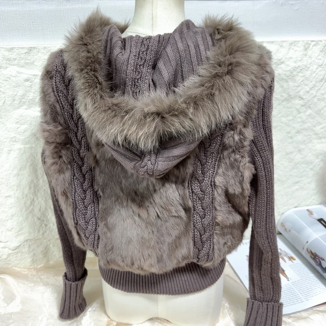빈티지 보라 브라운 폭스 후드 꽈배기 캣츠아이 매듭  토끼털 니트자켓 상품이미지6