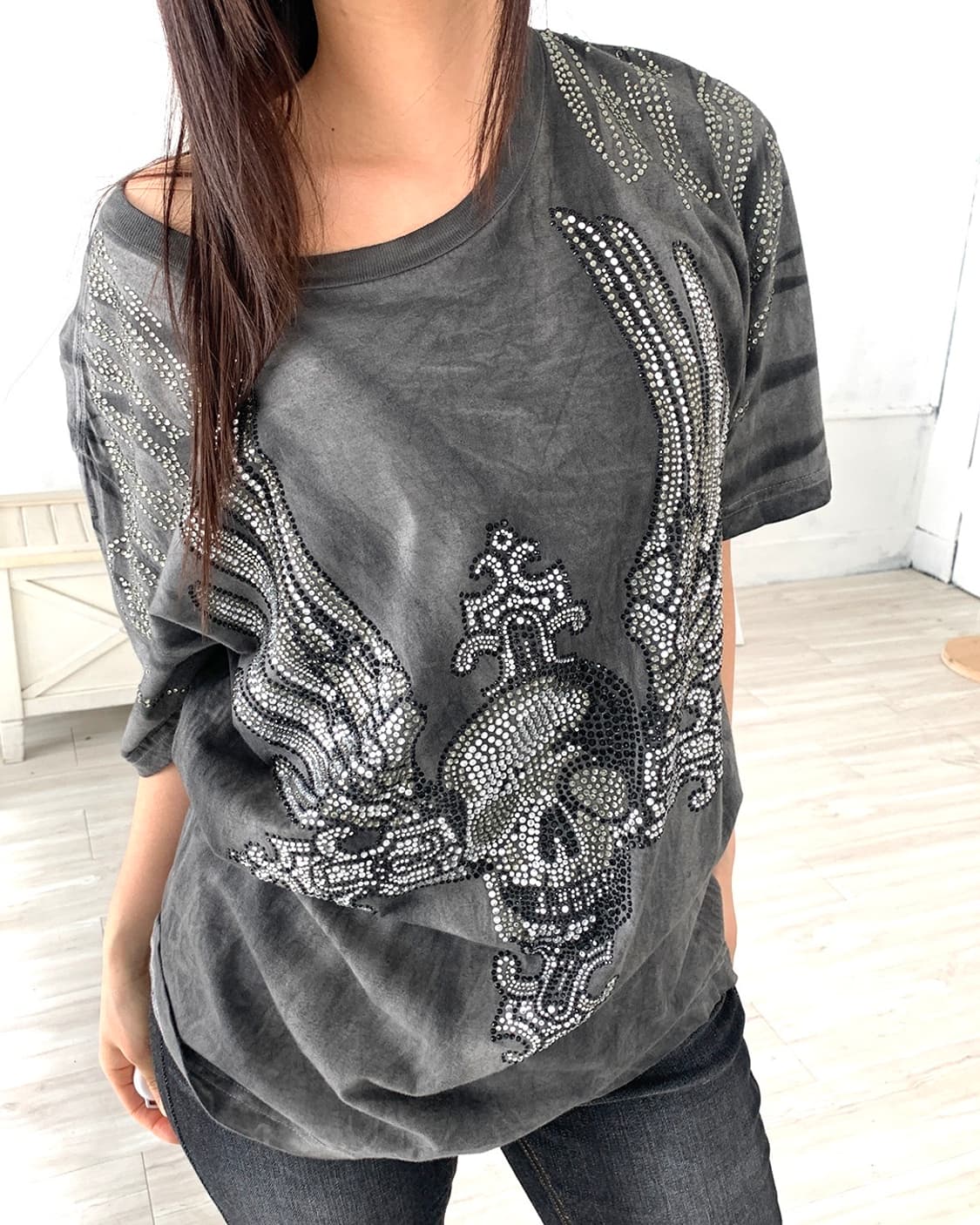 Washed gray rhinestone skull T-shirt 상품이미지7