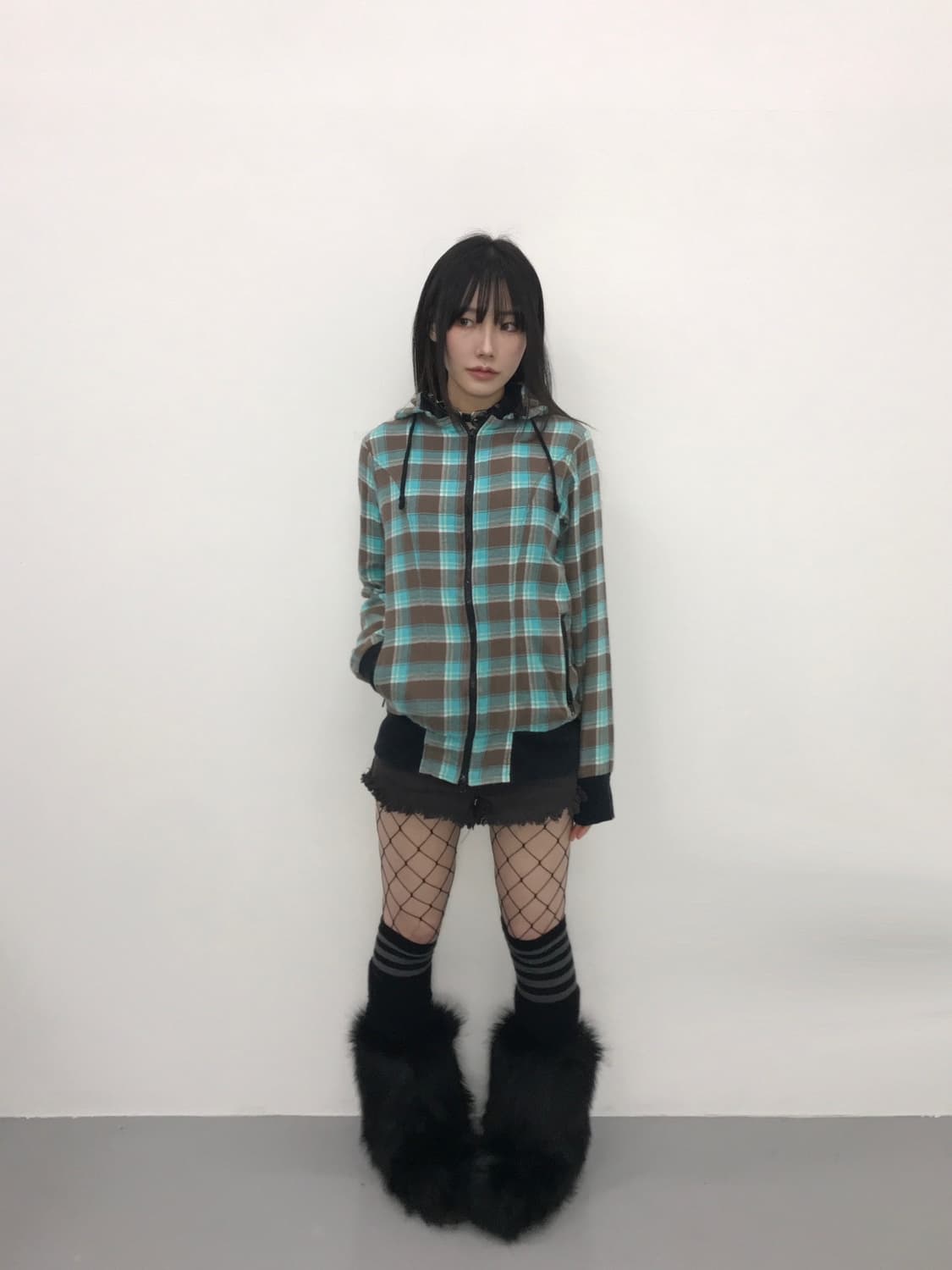 'UnderWrap' Plaid Mint Zip Up Hoodie 상품이미지1
