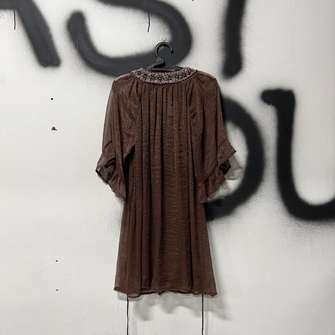 VTG 빈티지 히피 에스닉 비즈 디테일 브라운 오간자 블라우스 상품이미지2