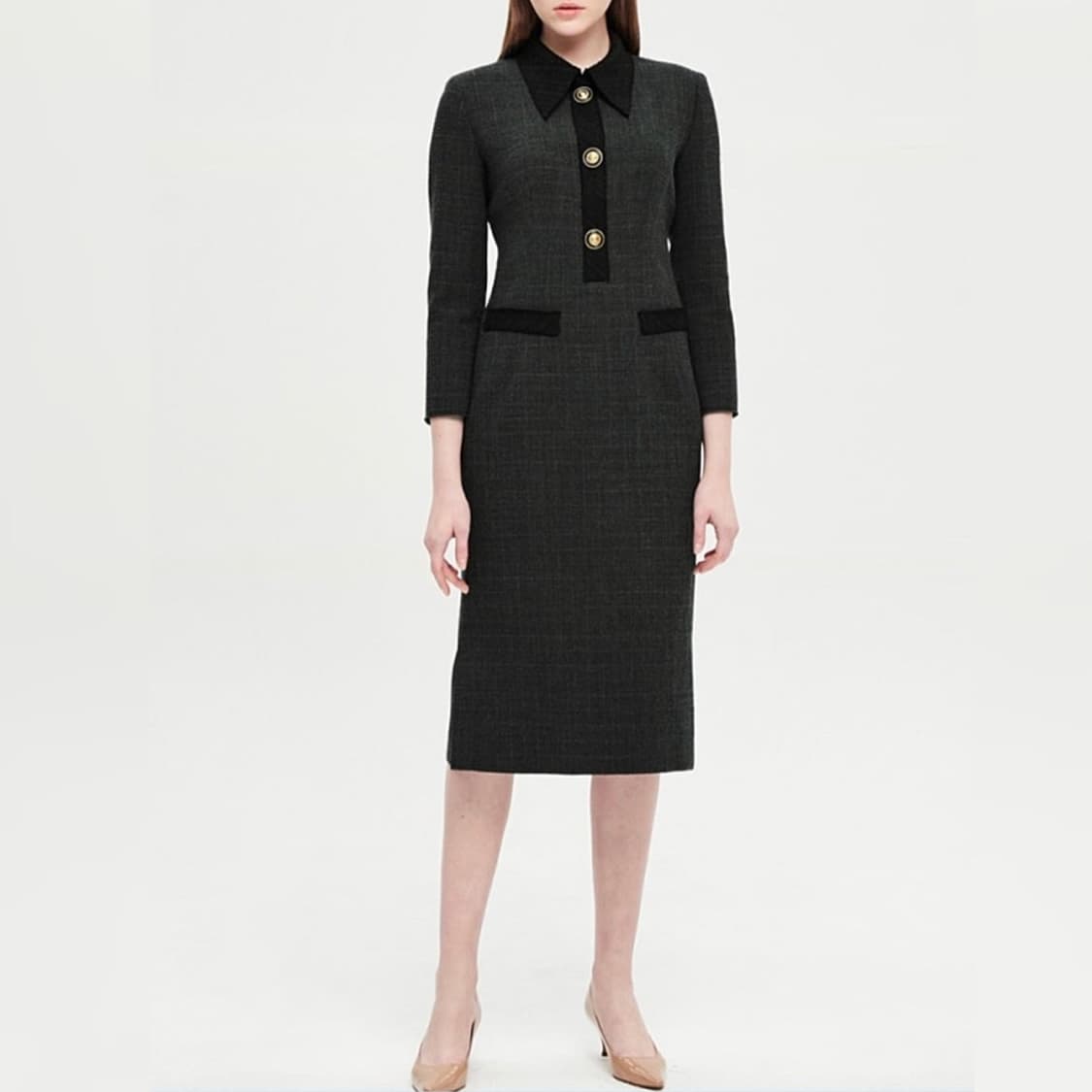 타임 금장버튼 트위드 미디 원피스 상품이미지1