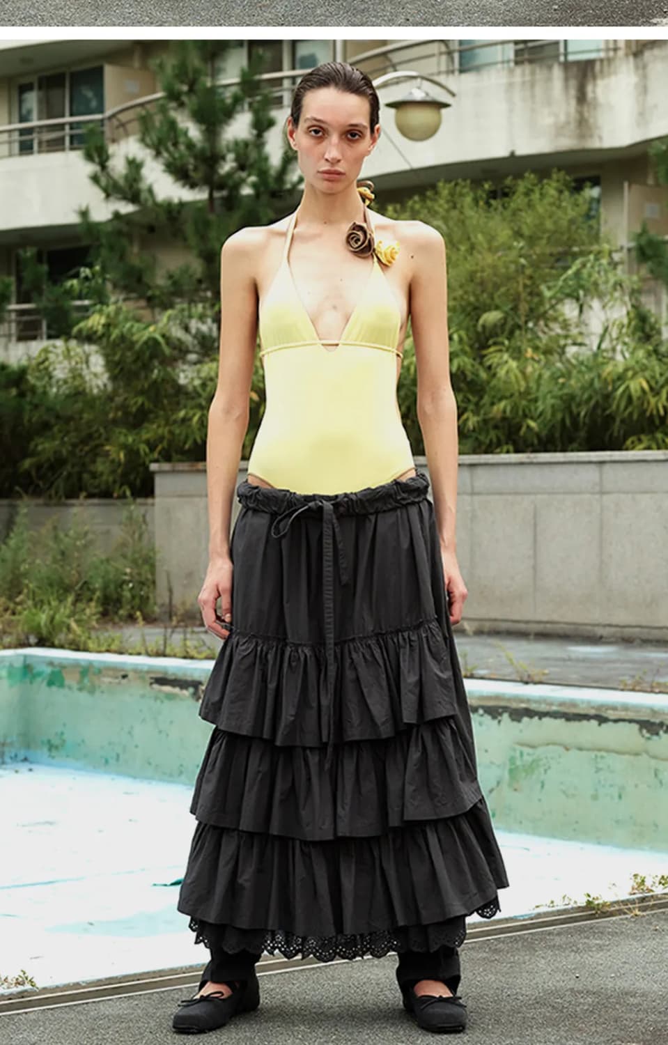 오픈와이와이 ROLLED WAIST TIERED SKIRT 차콜 S 상품이미지2