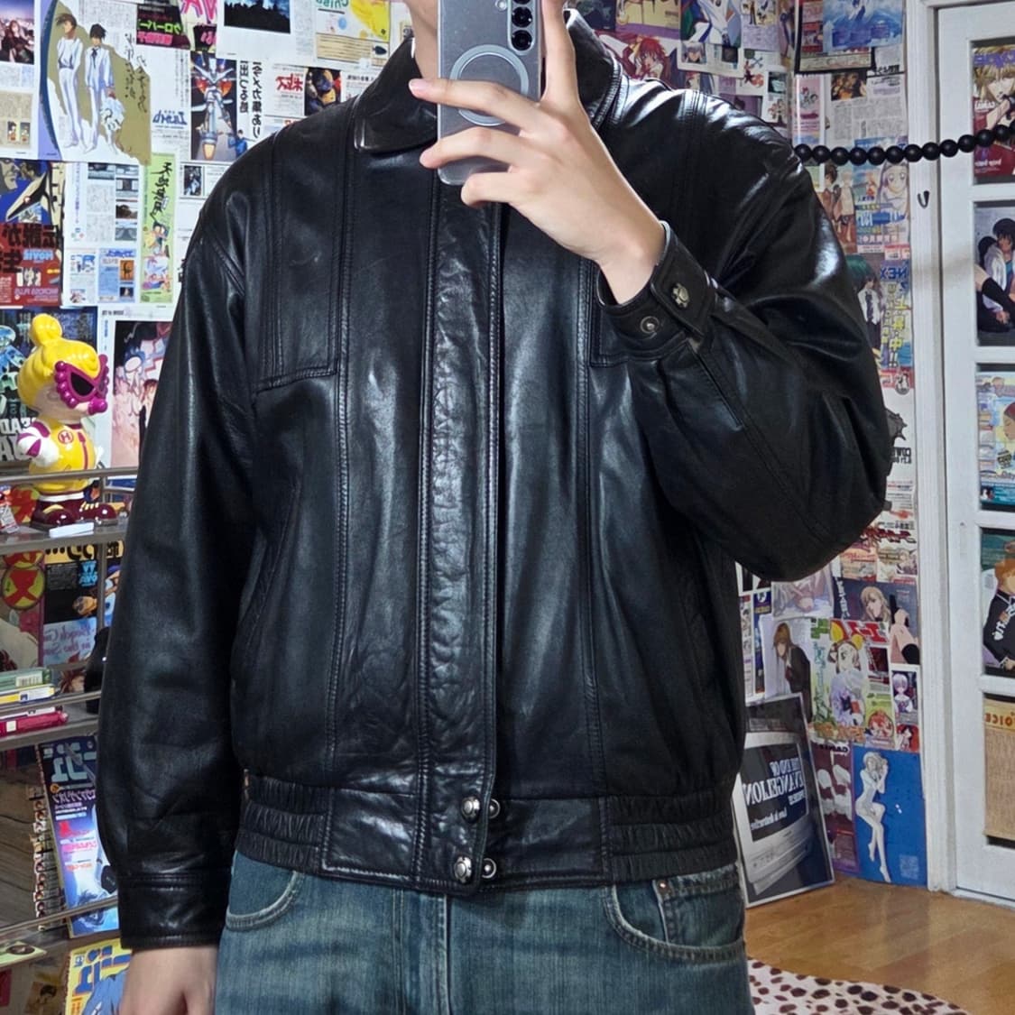 빈티지 버튼 누빔 양가죽 블랙 봄버 자켓 상품이미지1