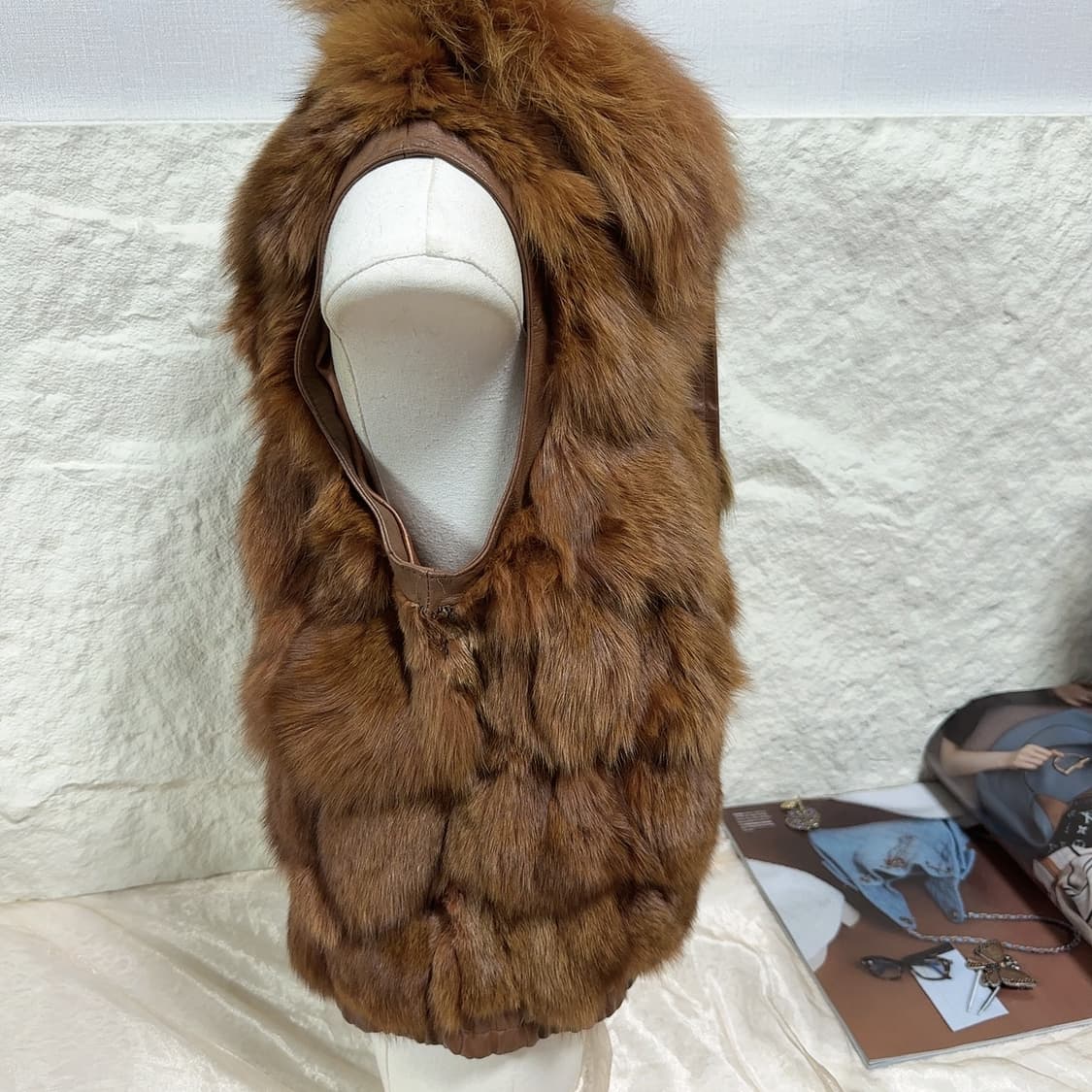 빈티지 브라운 폭스퍼 여우털 양가죽 조끼 베스트 상품이미지2