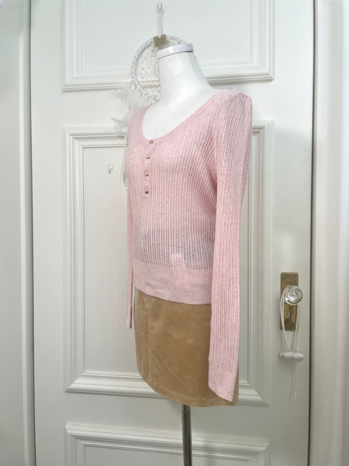 pink melange button point slim knit top 상품이미지3