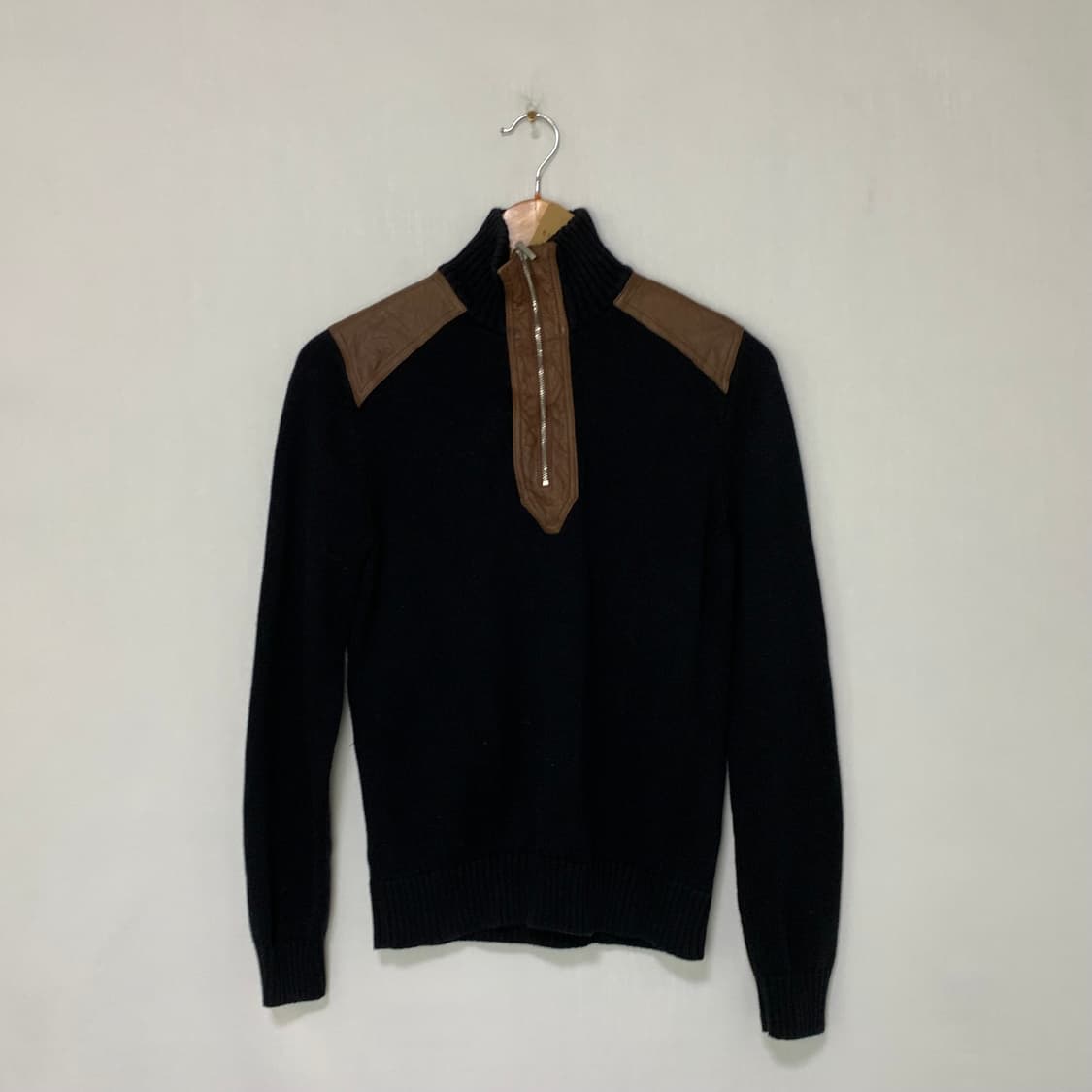 로렌랄프로렌 블랙/브라운 레더 패치 하프집업 반집업 니트 M 상품이미지1