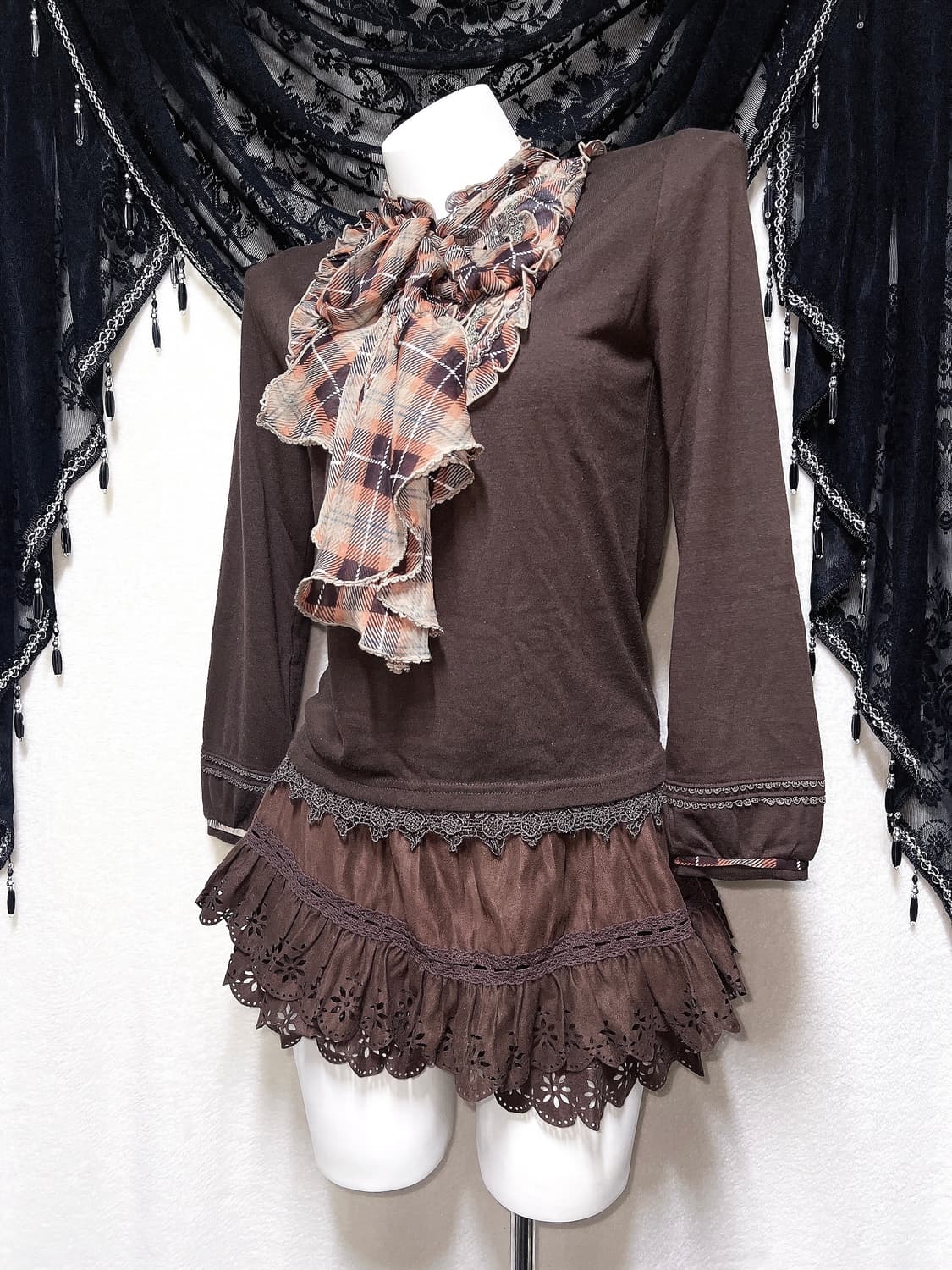 엑시즈팜 라떼갸루 로맨틱 체크 왕리본 레이스 로걀탑 핀터 공겜 너드 상품이미지6