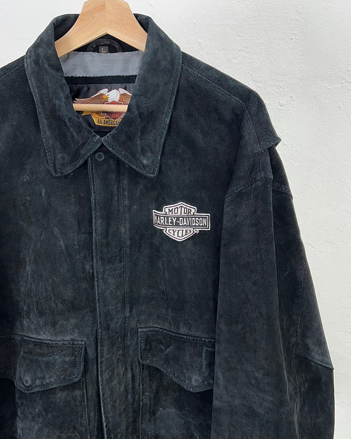 90s 할리데이비슨 블랙 스웨이드 레더 스냅 포켓 라이더 자켓 상품이미지4