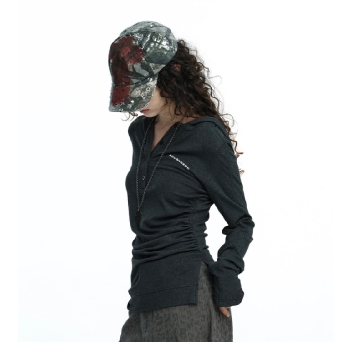 러프넥 헨리넥 후디 롱슬리브 탑 상품이미지1