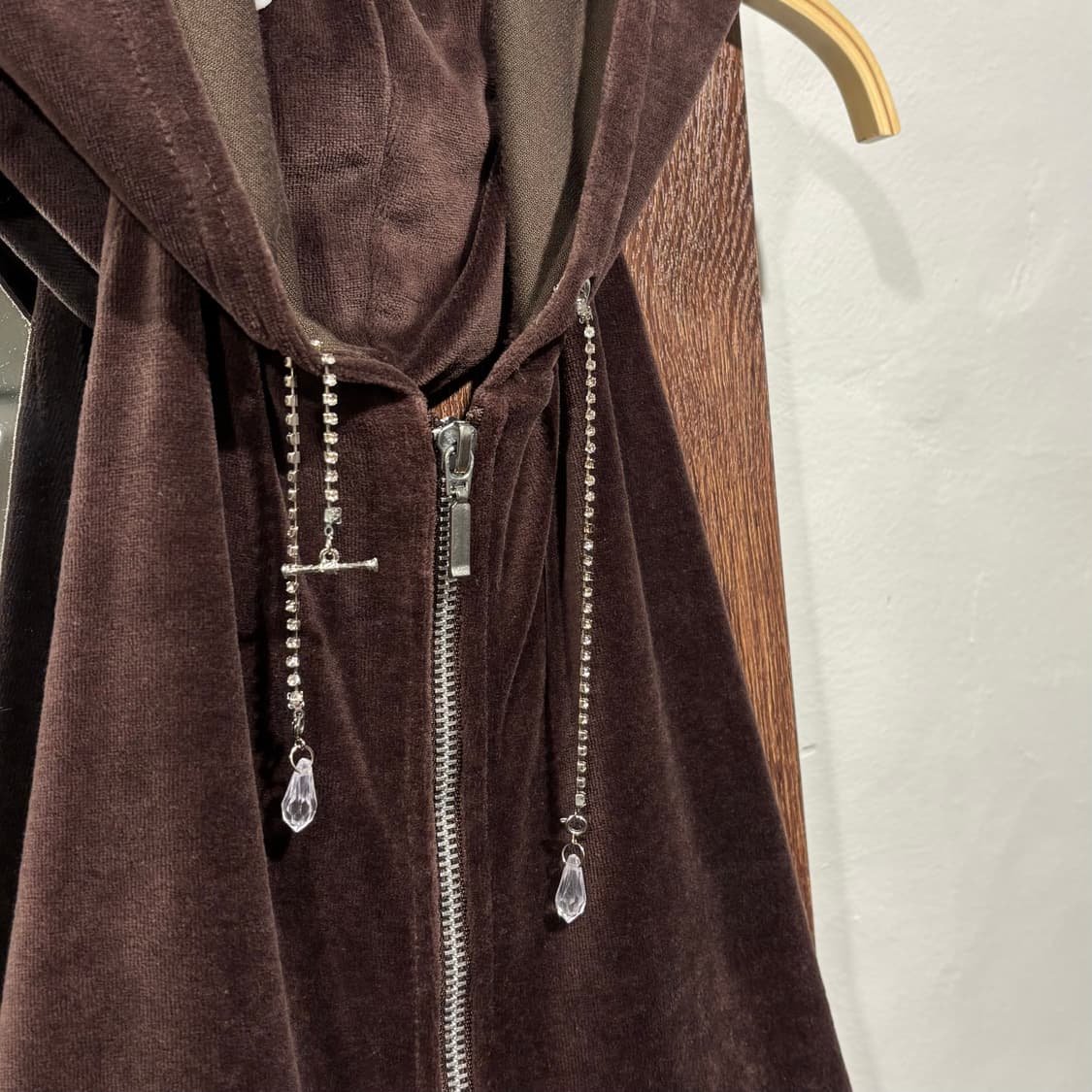 일본 빈티지 브라운 벨벳 홀터넥 슬리브리스 백리스 후드집업 갸루 y2k 상품이미지7