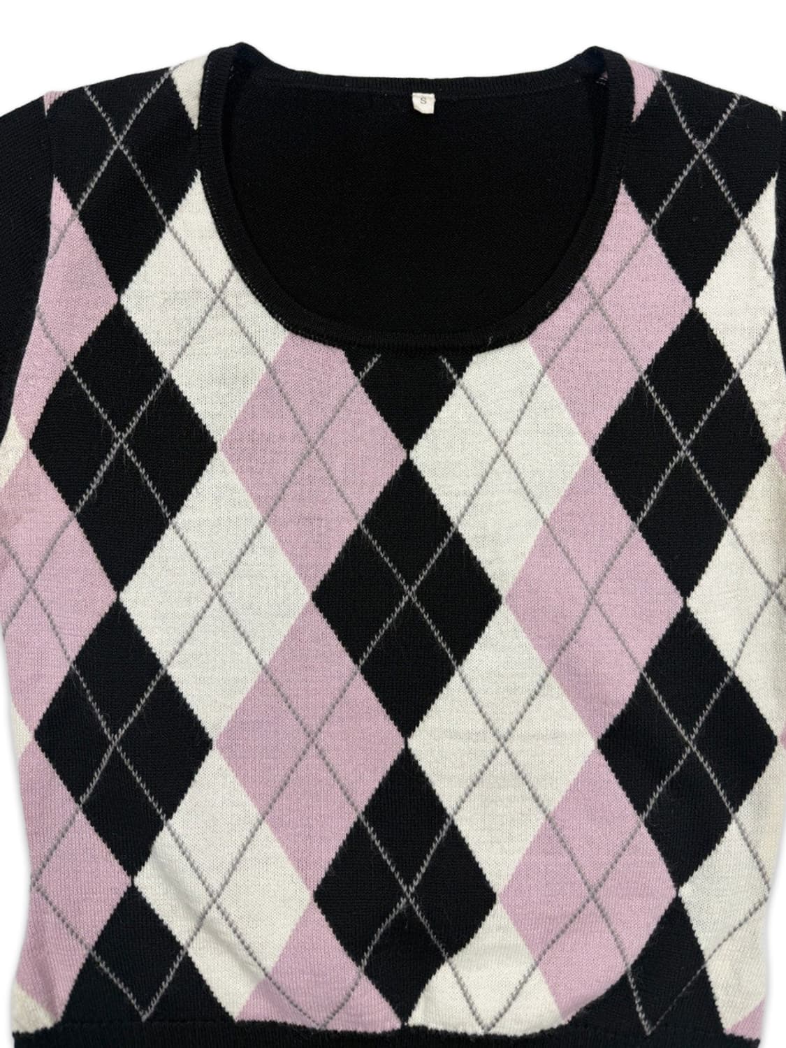 빈티지 핑크 블랙 아가일 반팔 니트 상품이미지3