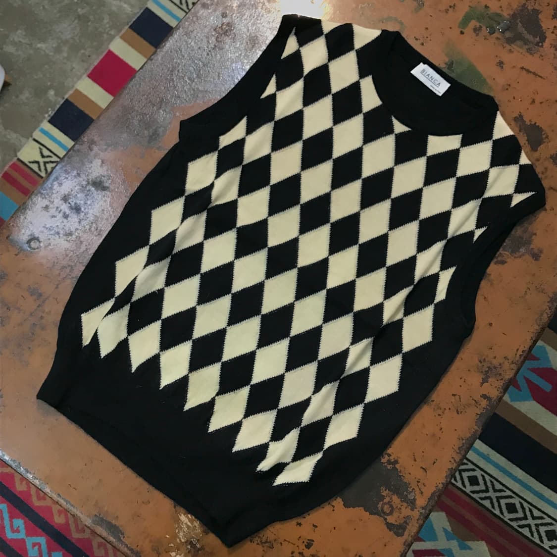 Italy vtg 빈티지 아가일 패턴 슬리브리스 울 니트 여성 55 66 상품이미지2