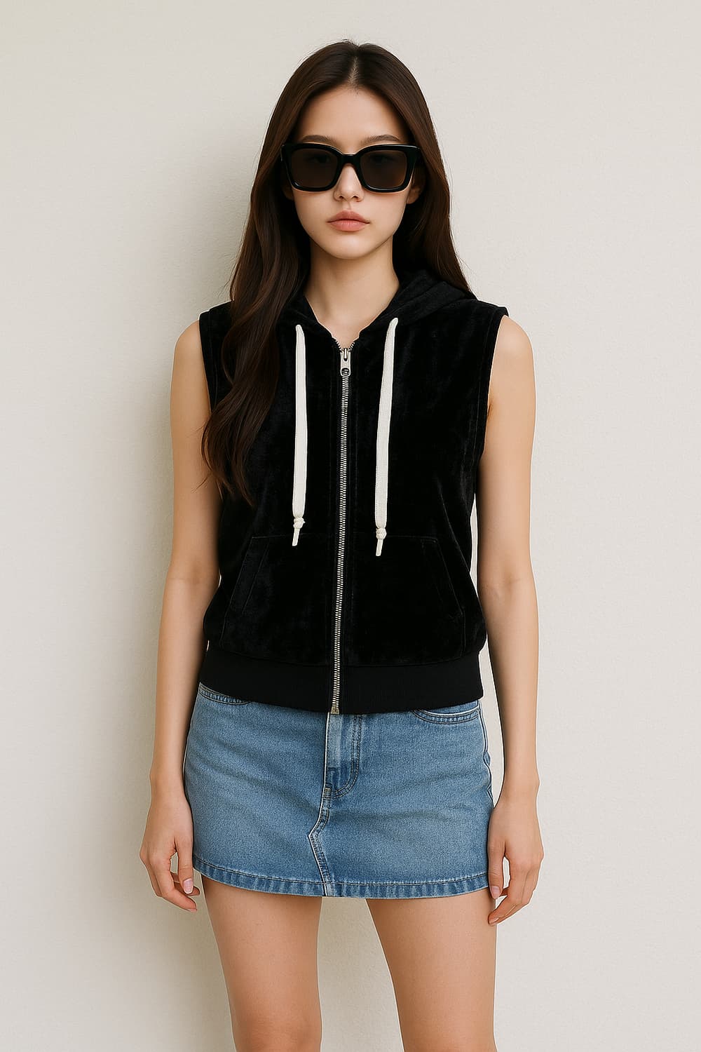 몽키타임. 여자 벨벳 더블 집업 민소매 후디_M 상품이미지1