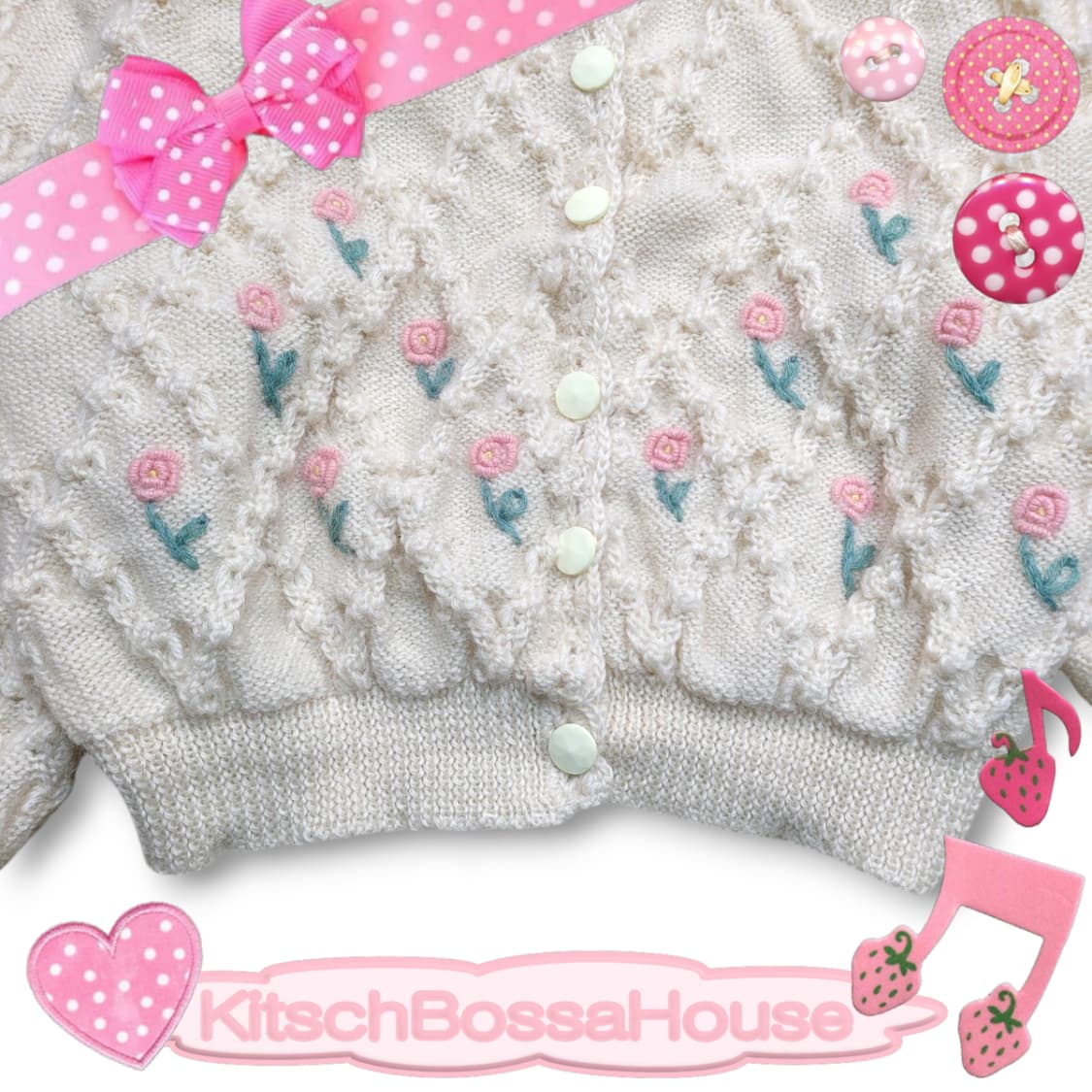 JPN 울 패턴 폼폼 플라워 레이스 니트 가디건 상품이미지2