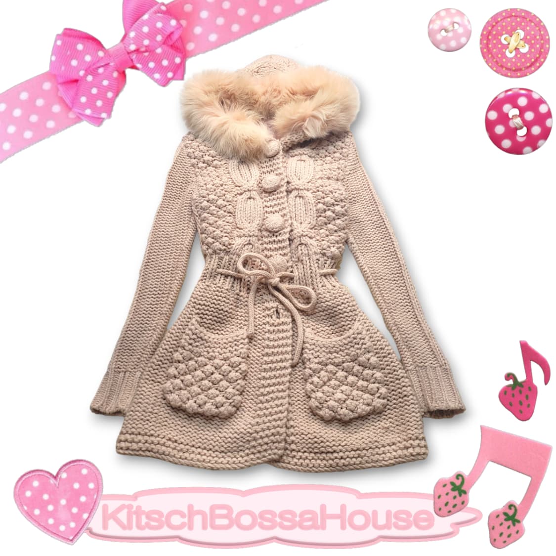 JPN 퍼 후드 니트 가디건 라떼 갸루 상품이미지1