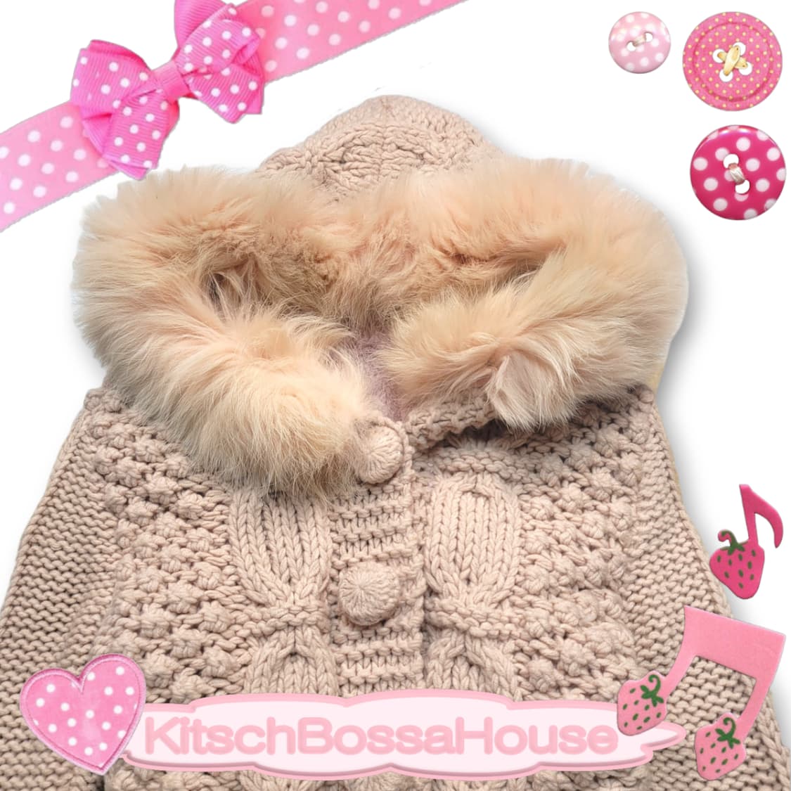 JPN 퍼 후드 니트 가디건 라떼 갸루 상품이미지2