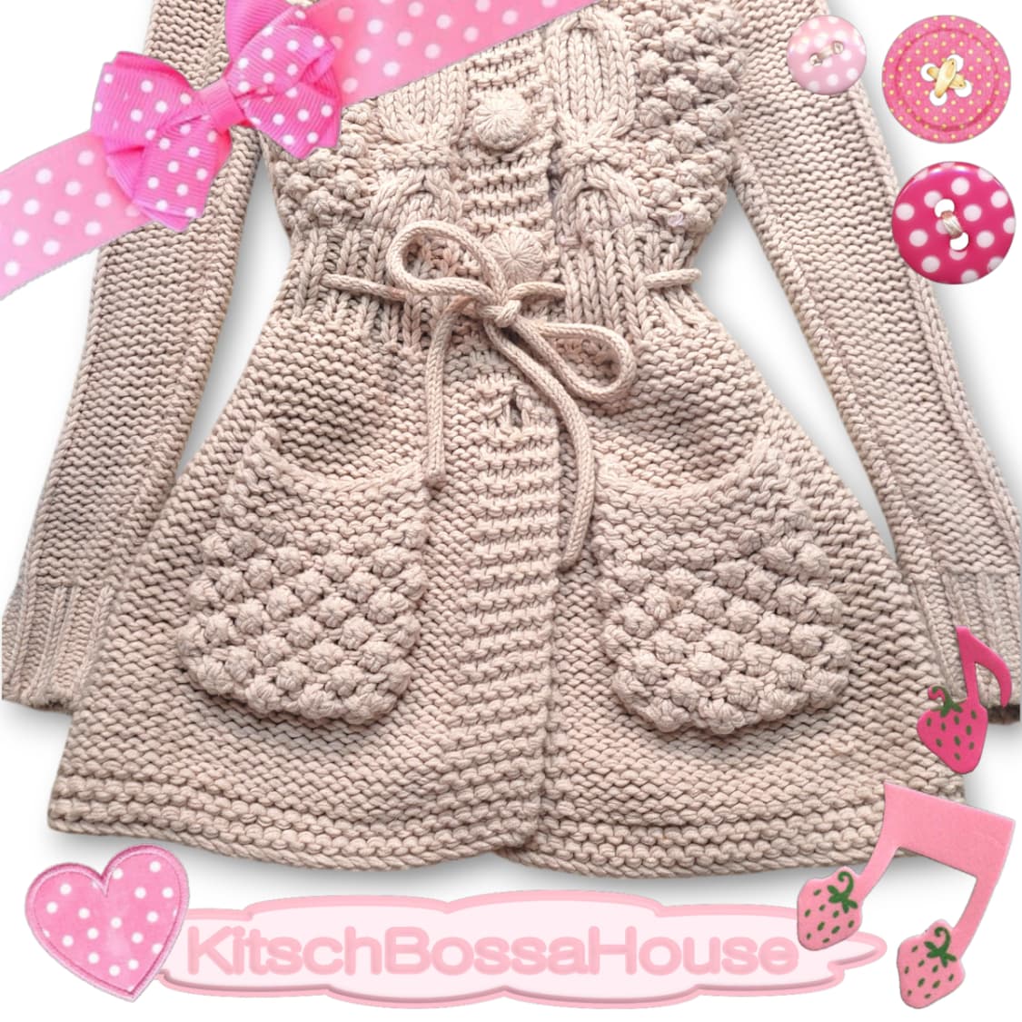 JPN 퍼 후드 니트 가디건 라떼 갸루 상품이미지3