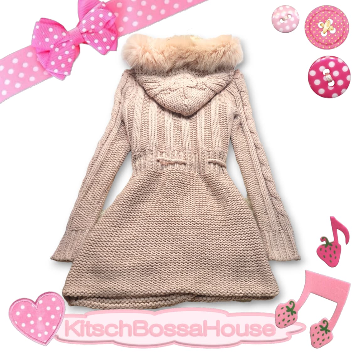 JPN 퍼 후드 니트 가디건 라떼 갸루 상품이미지5