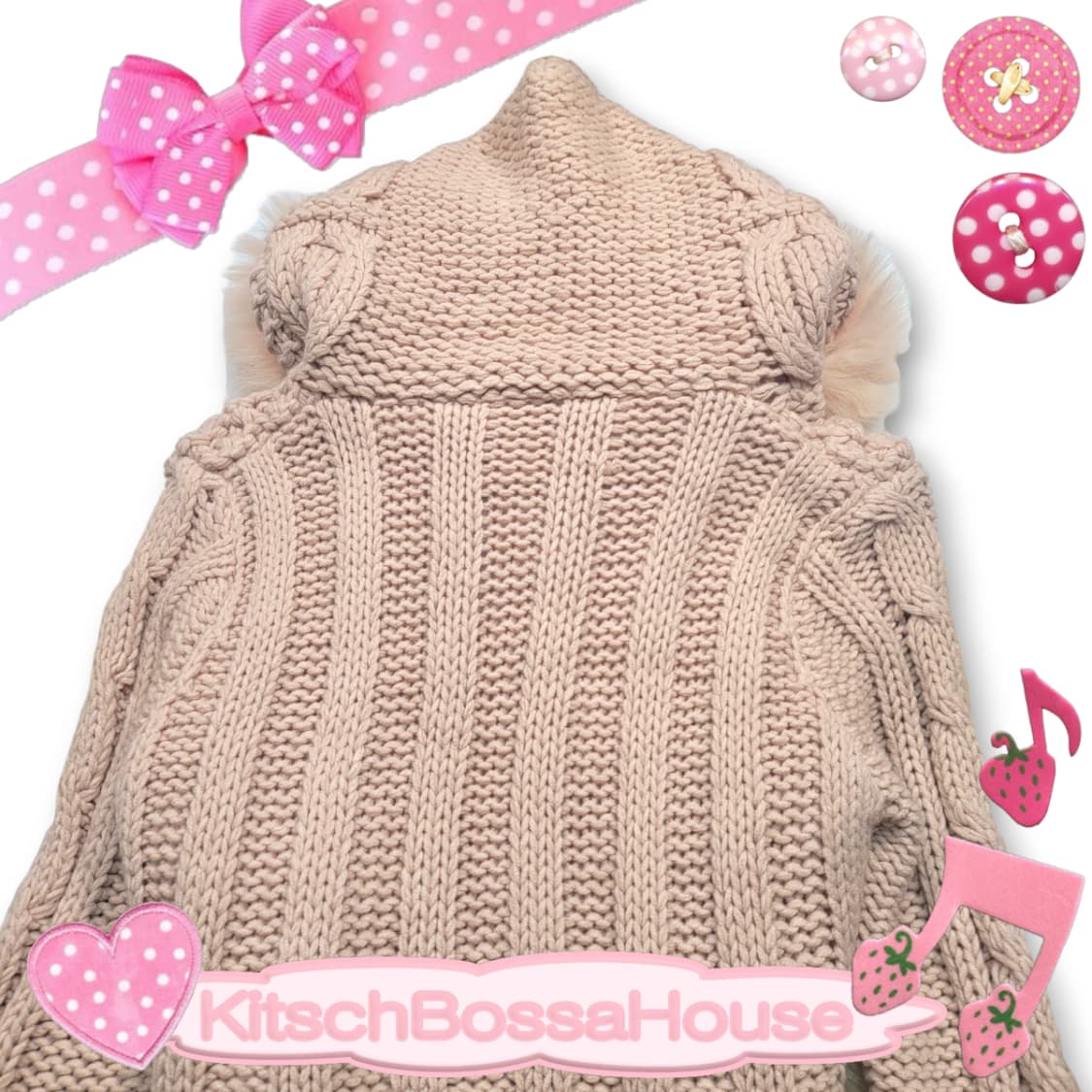 JPN 퍼 후드 니트 가디건 라떼 갸루 상품이미지6