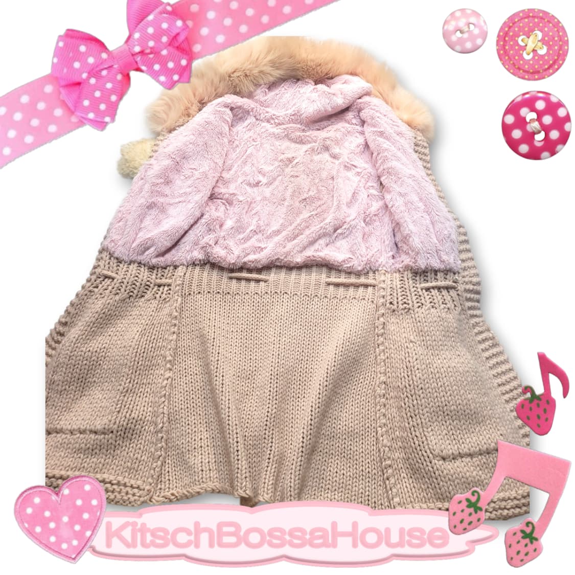 JPN 퍼 후드 니트 가디건 라떼 갸루 상품이미지8