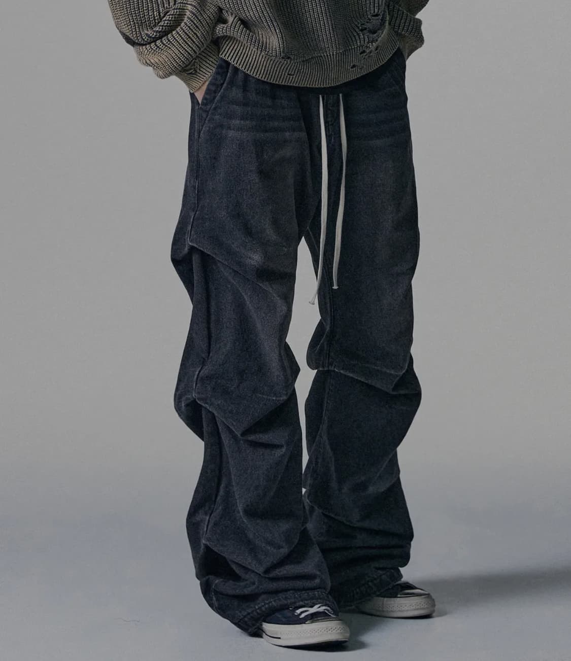 Shirring Wide Leg Denim Pants - Black  상품이미지3