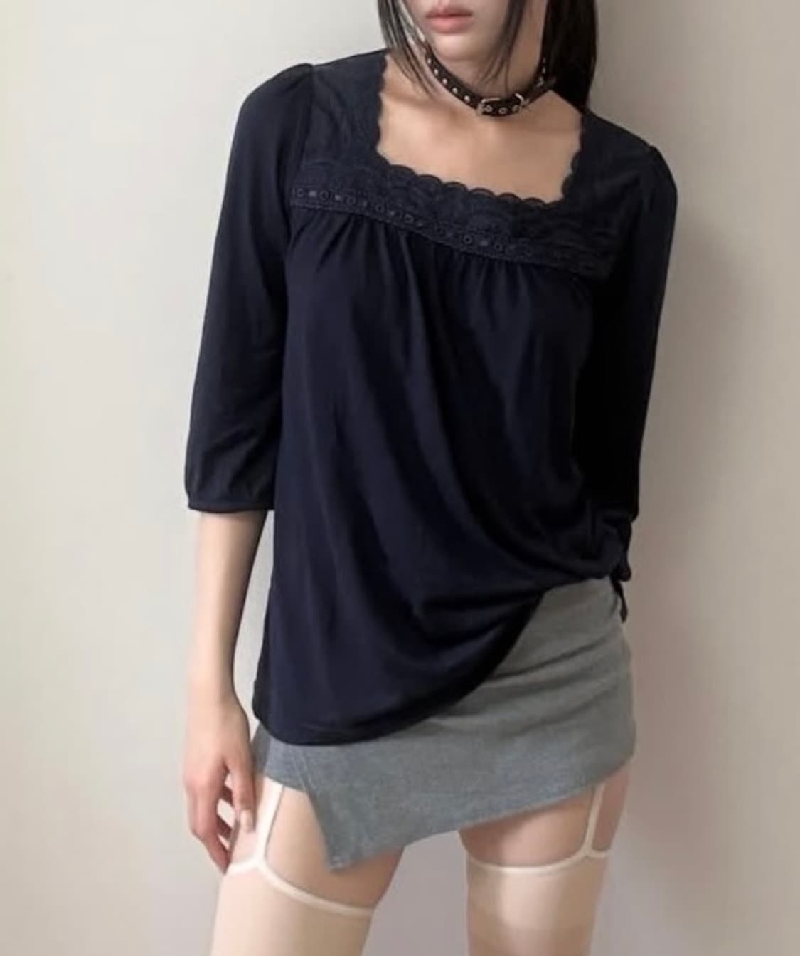 Kaya 네이비 레이스 7부 티 상품이미지2