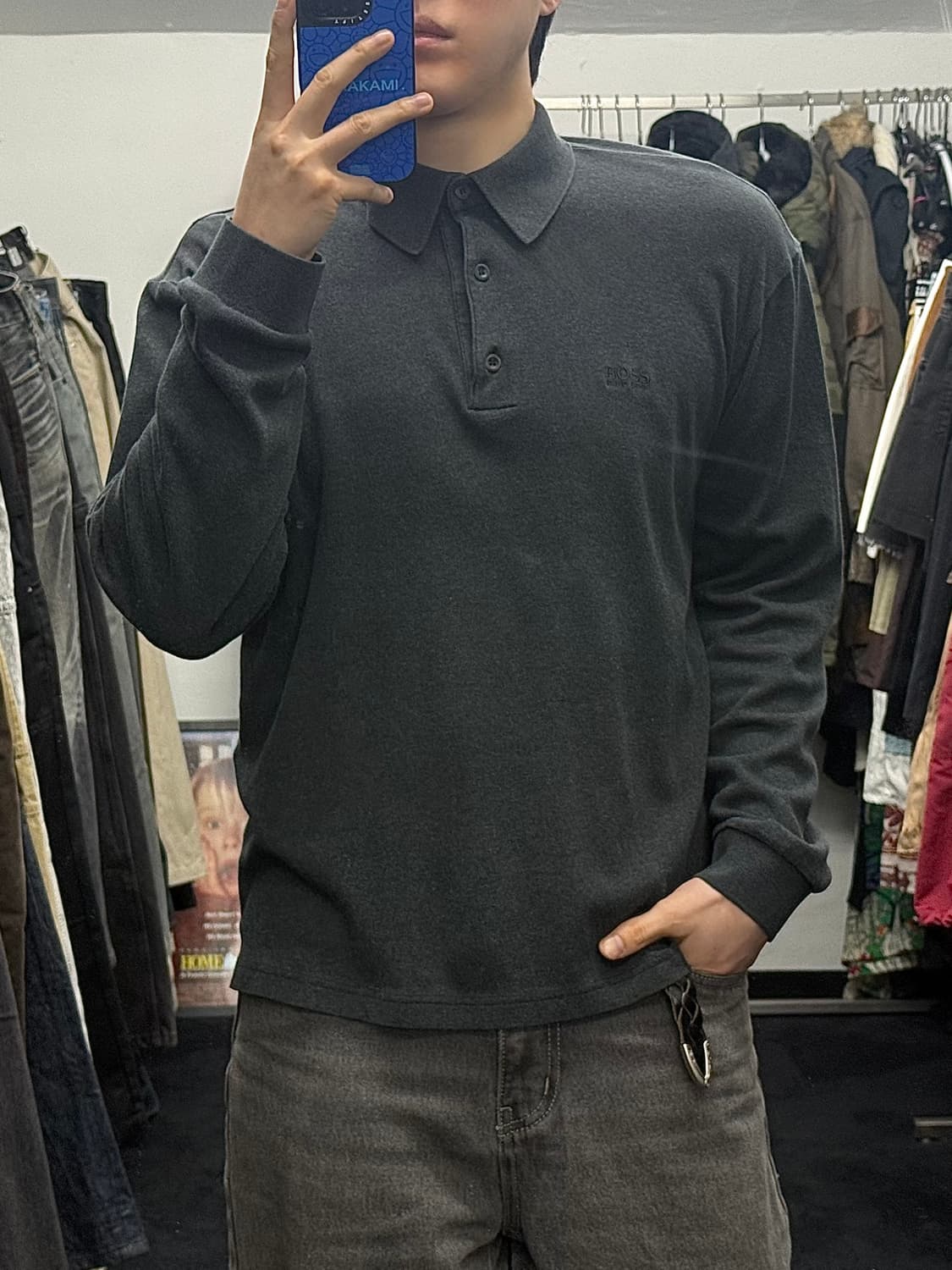 휴고 보스 차콜 코튼 면 긴팔 카라 티셔츠 명품 빈티지 M 95 폴로 상품이미지2