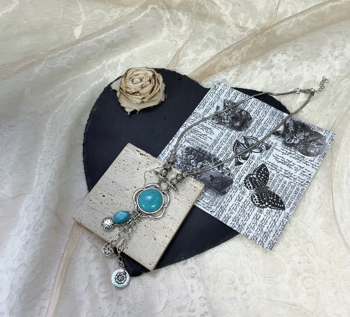 빈티지 플라워 터키석 스네이크체인 목걸이 상품이미지2