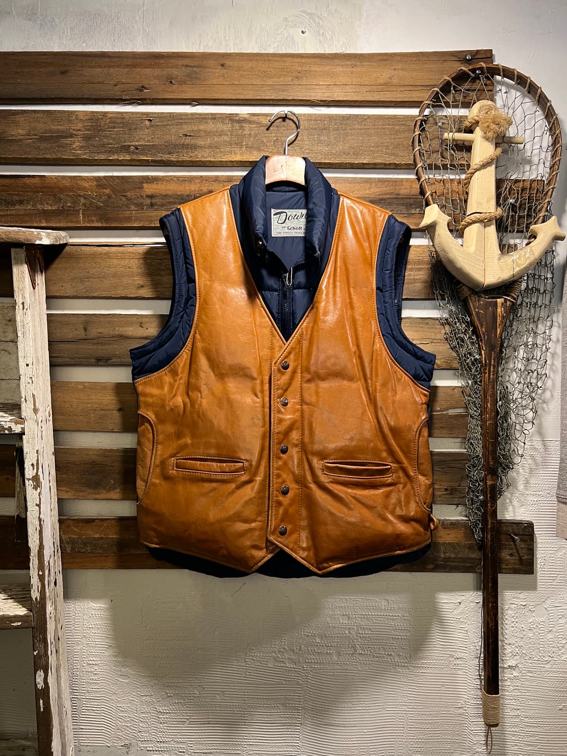 [M]90's 쇼트 USA Made 레더 베스트 분리형 네이비 다운 패딩 상품이미지2