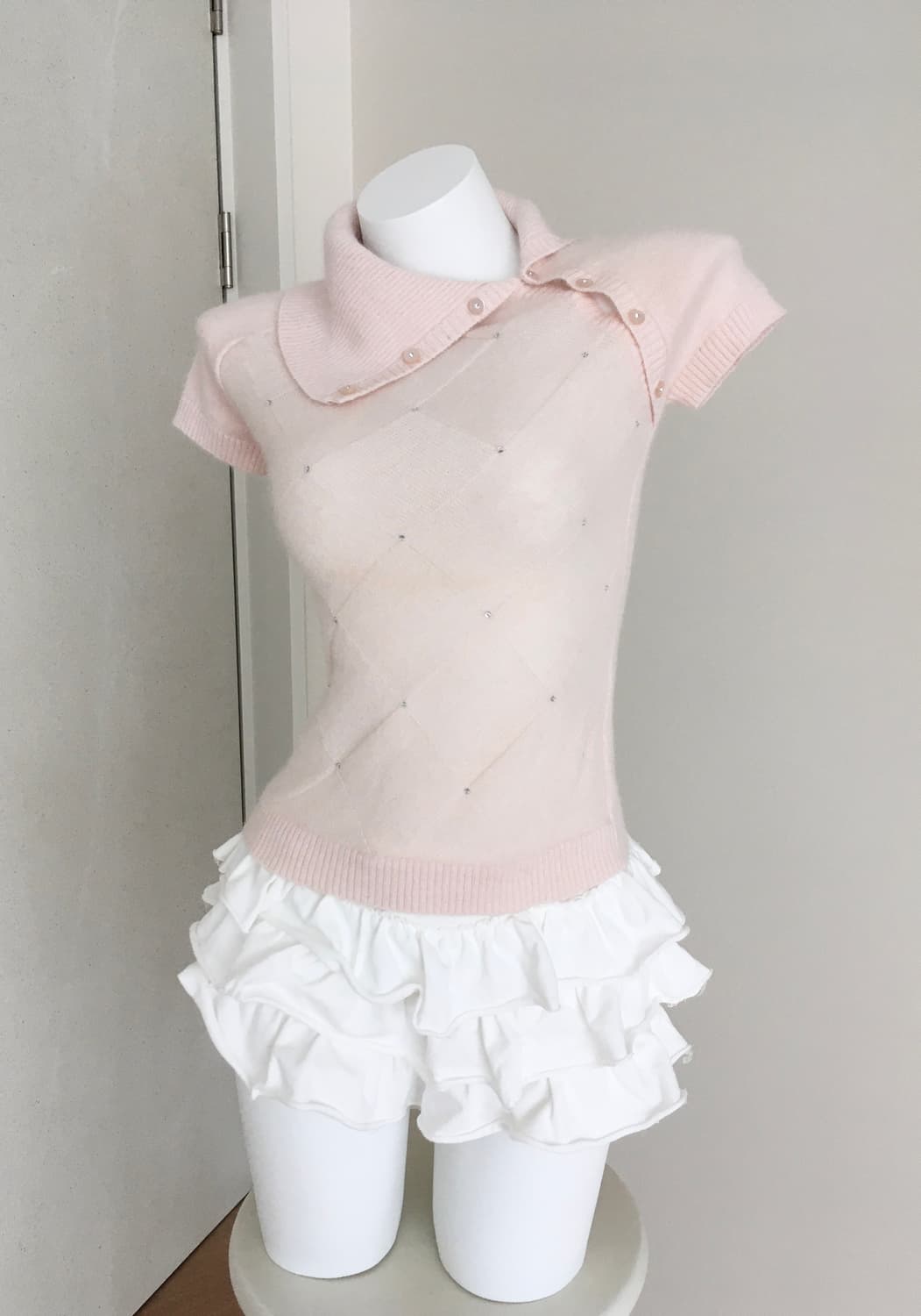 연핑크 큐빅 아가일 앙고라 니트탑 히메갸루 러블리 달천깔 상품이미지3