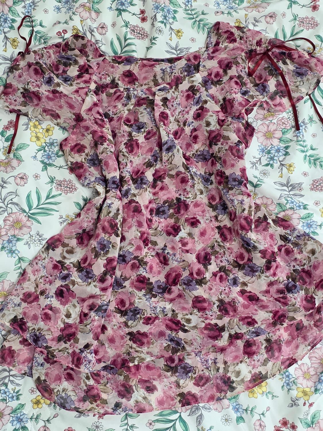 일본빈티지)핑크로즈 리본 백예린깔 쉬폰 로맨히메갸루모리걸 블라우스 상품이미지2