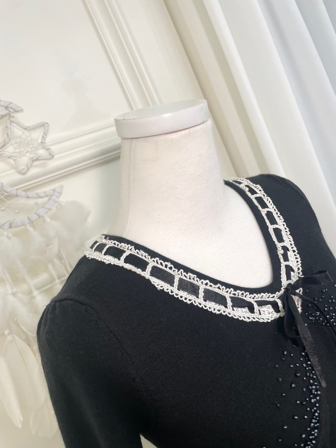 black lace beads point feminine knit top 상품이미지7