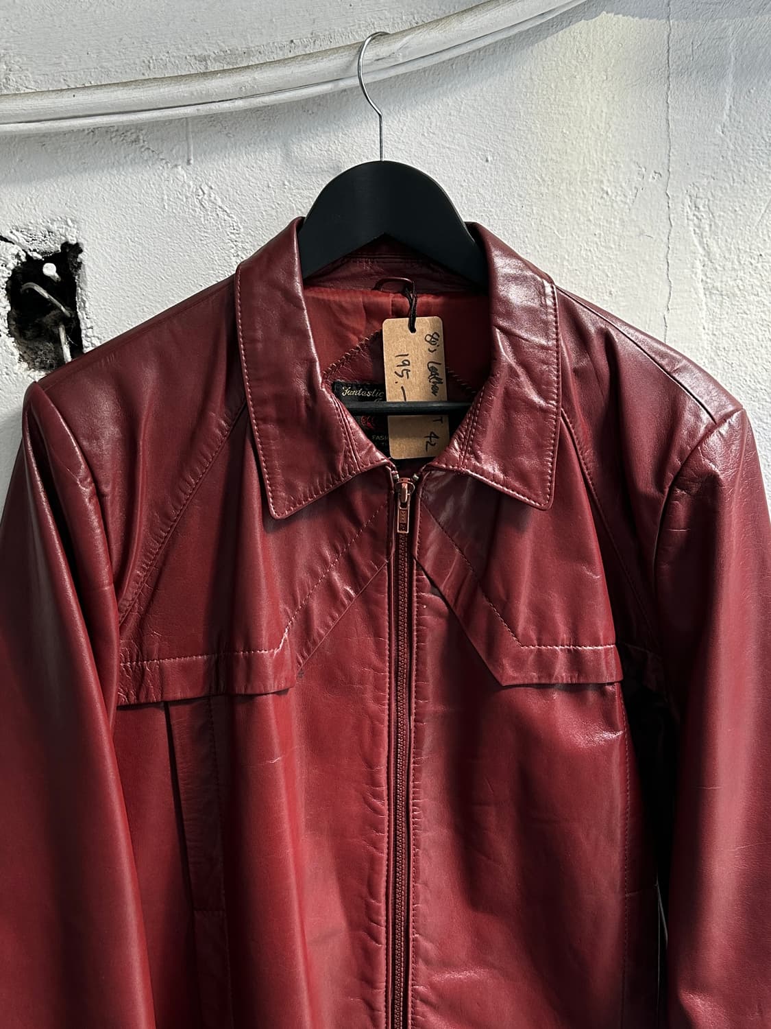 80's 빈티지 버건디 크롭 레더 자켓 라이더 자켓 파이트클럽st 상품이미지5