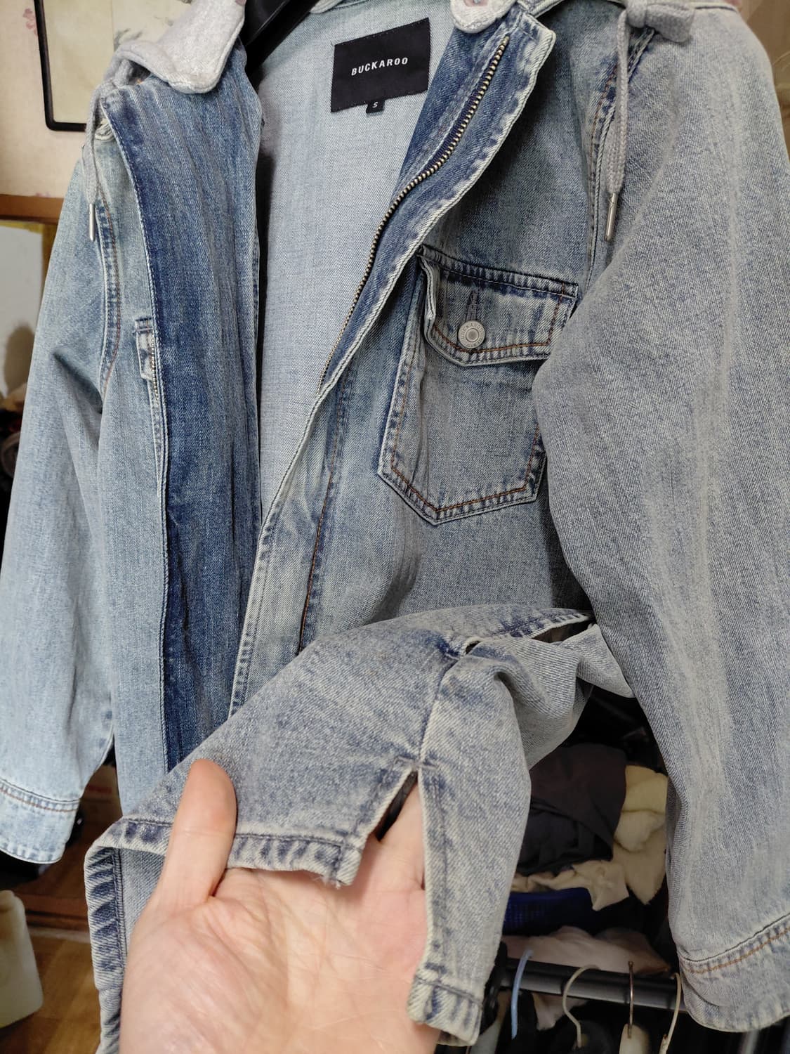 [버커루]남녀공용 오버핏 데님 후드 셔켓 S사이즈 상품이미지8