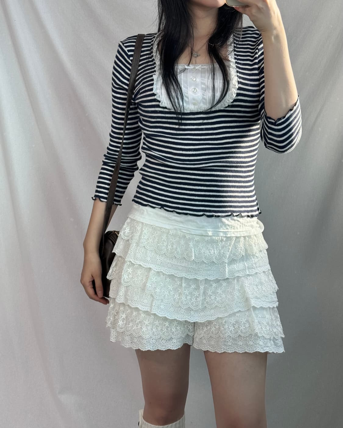 레이어드 버튼 넥 탑 레이스 프릴 큐롯 팬츠 2pcs SET 상품이미지3