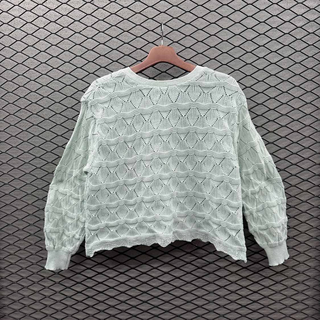 JPN VINTAGE 스카시 가디건 웨이빙 패턴 밑단 레이스 디테일 민트 상품이미지3
