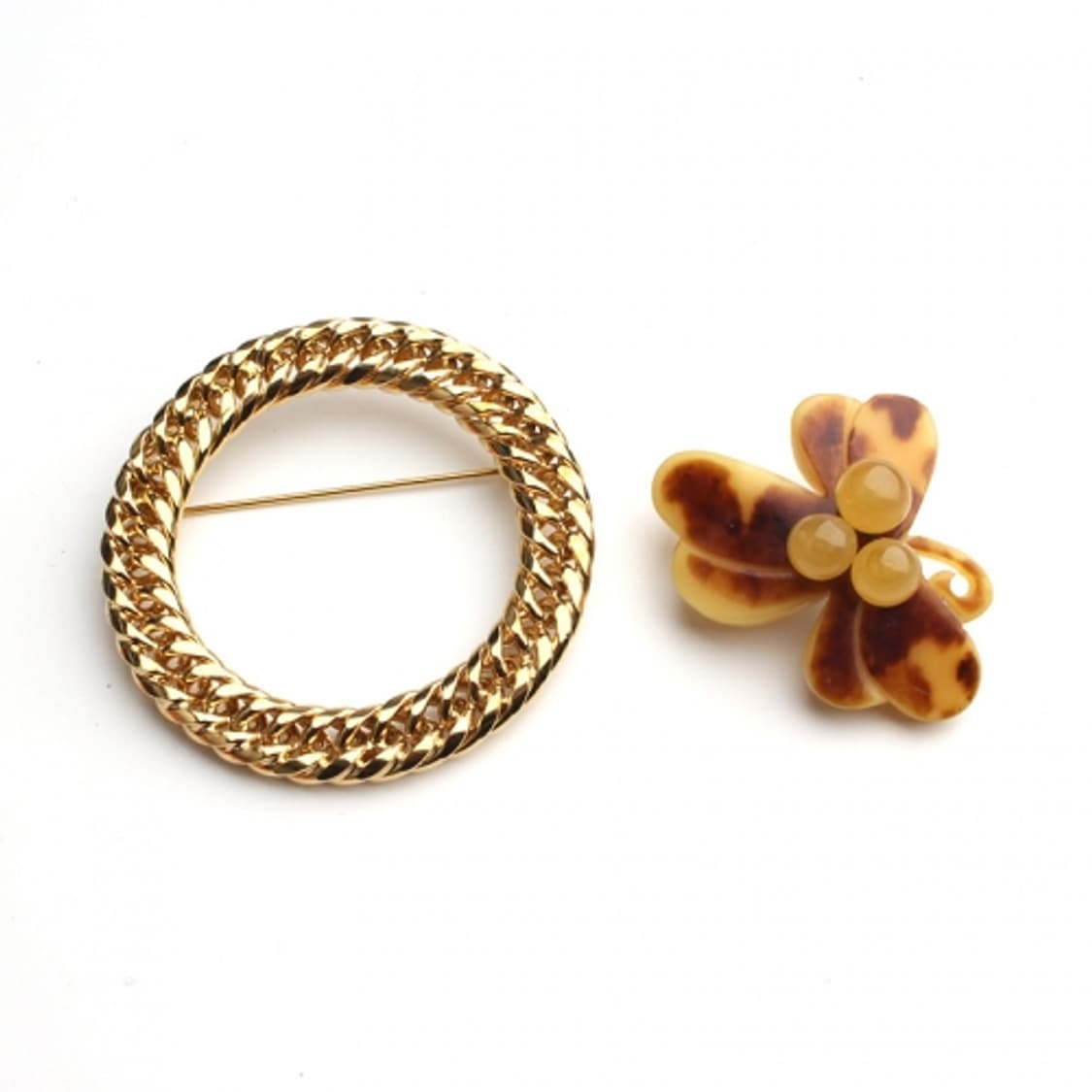 골드 리스 브로치 밀화 호박 브로치 2종 세트 상품이미지1