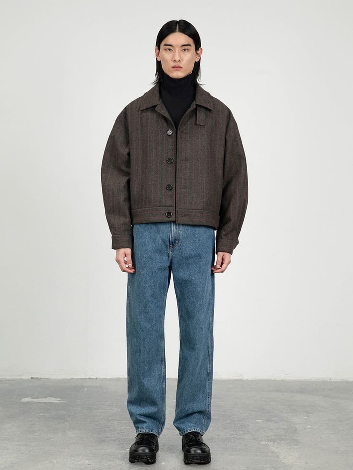 (L) AMOMENTO 패디드 크롭 울 스트라이프 블루종 상품이미지1