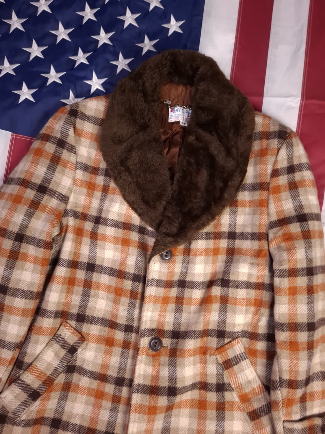 새제품 70's BAY CLUB 빈티지 울 체크 퍼 반코트 상품이미지5
