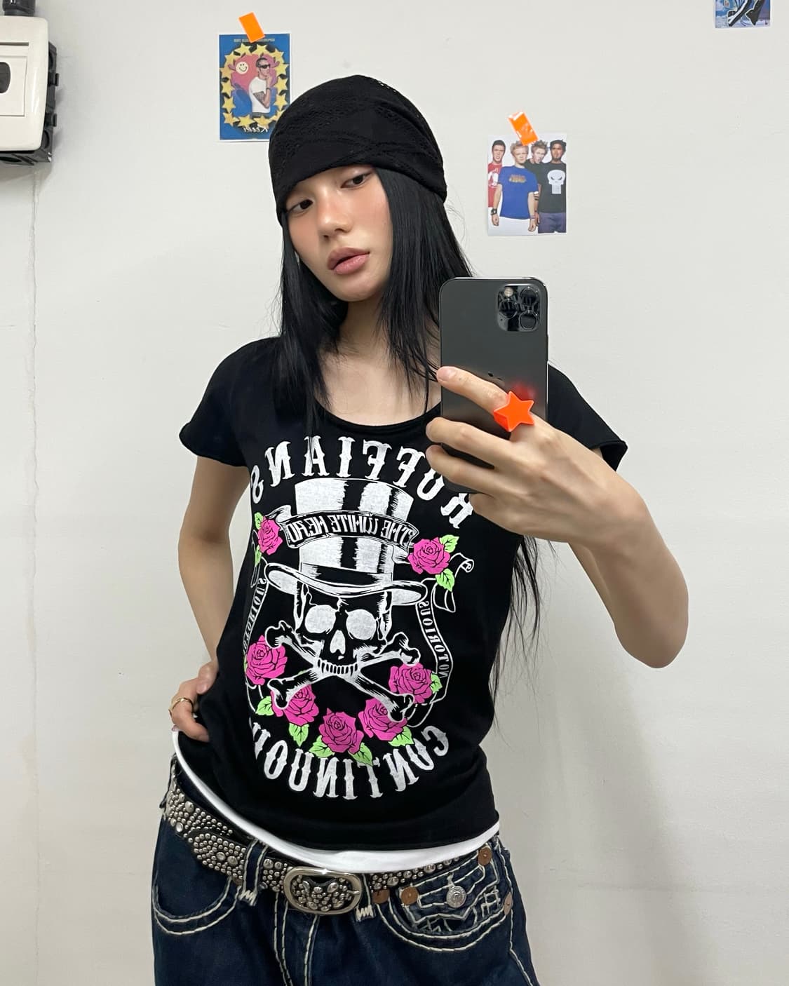 Skeleton Rose Slit American Flag T-shirt 상품이미지1