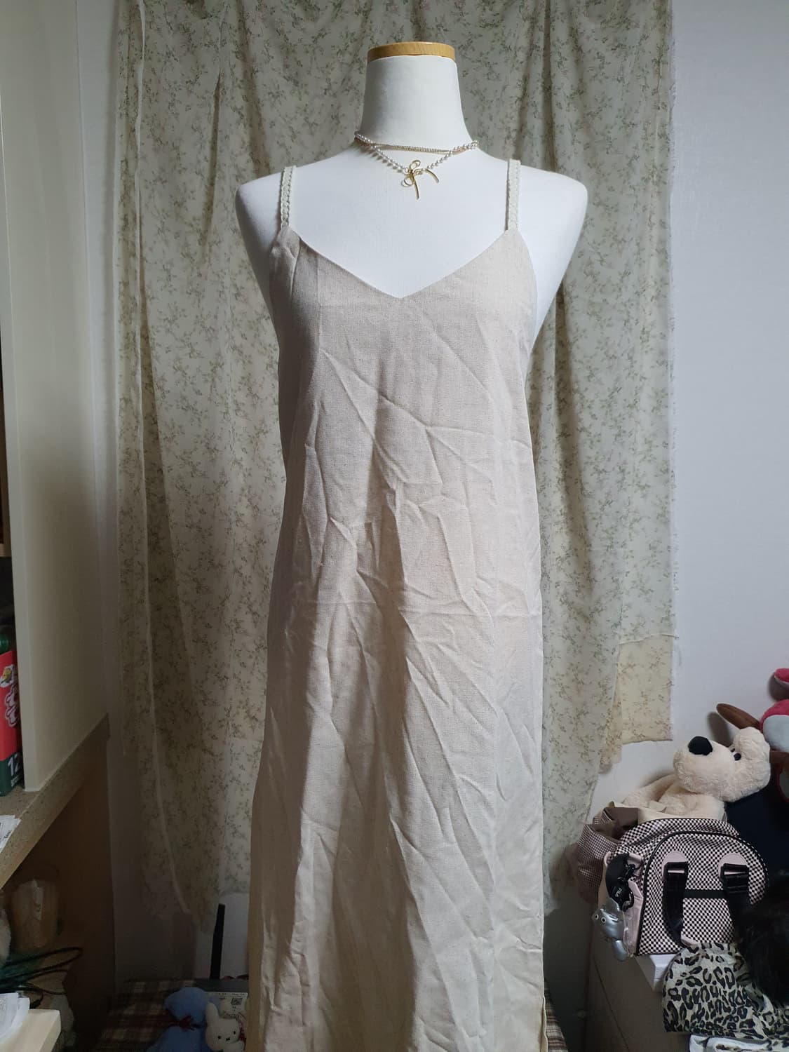 [빈티지] 면 끈 롱 원피스 하늘색+아이보리 2벌 일괄 상품이미지1