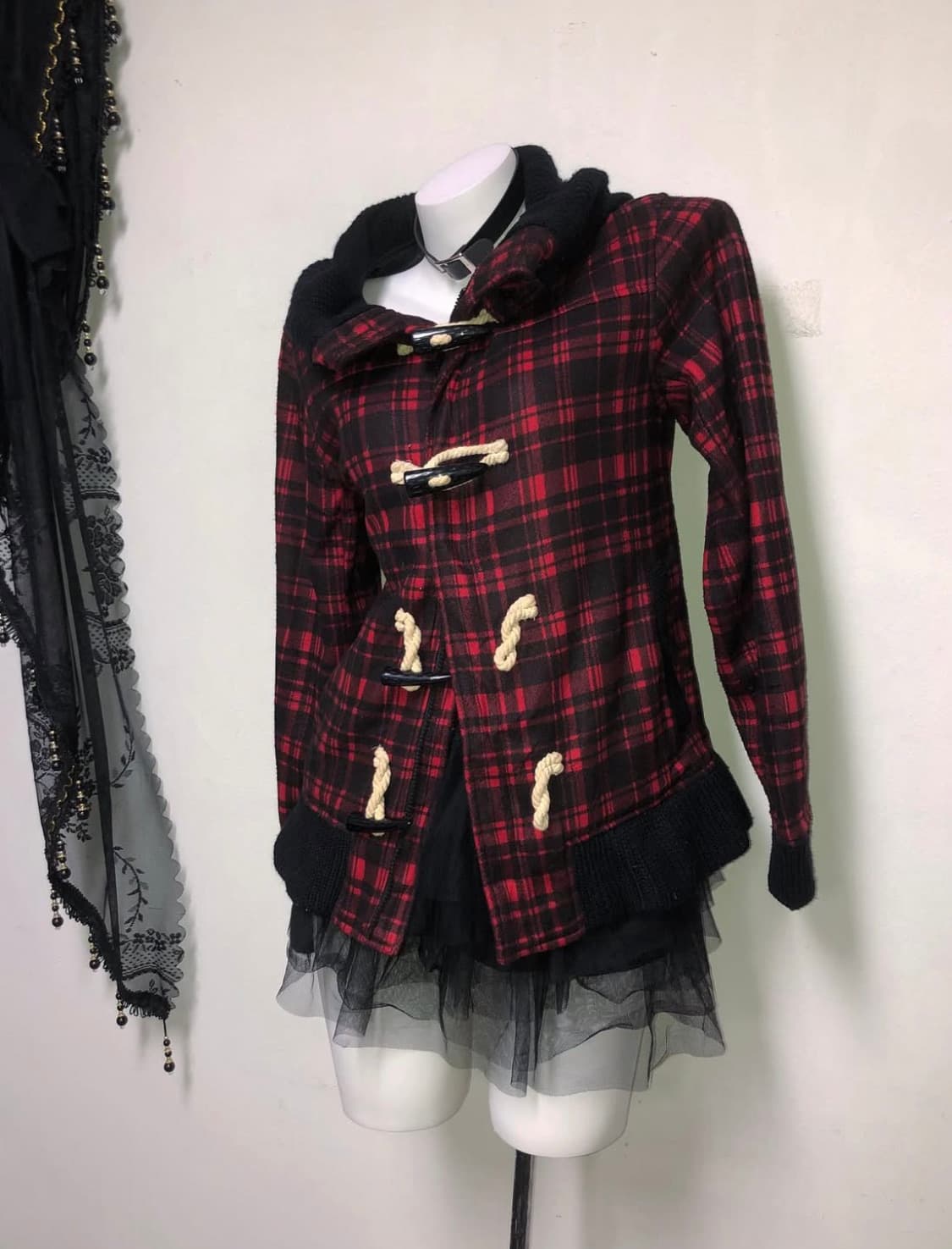 하이넥 레드 타탄체크 나나펑크 떡볶이 투웨이 집업 00s 상품이미지4