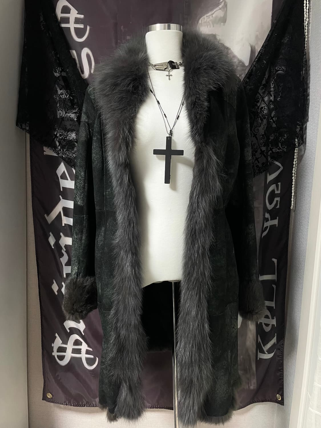 스웨이드 리얼 퍼자켓 롱코트 나나깔다크웨어오네갸루락시크그런지펑크고스고딕 상품이미지1